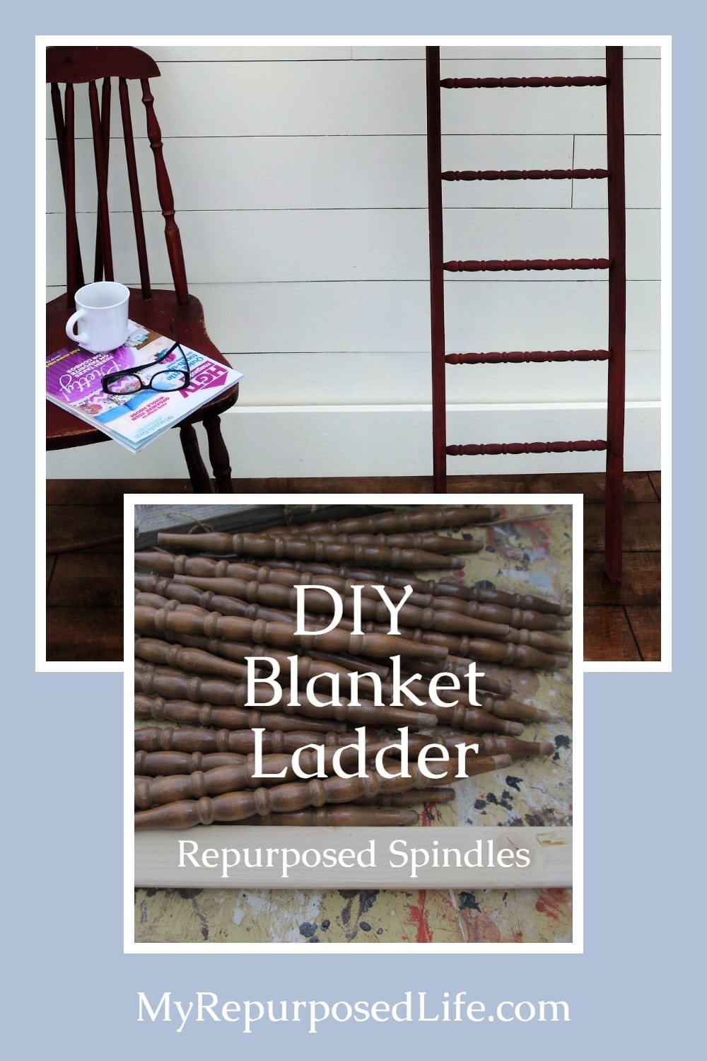How to make a DIY blanket ladder using repurposed spindles and new lumber. Great for a guest room. via @repurposedlife